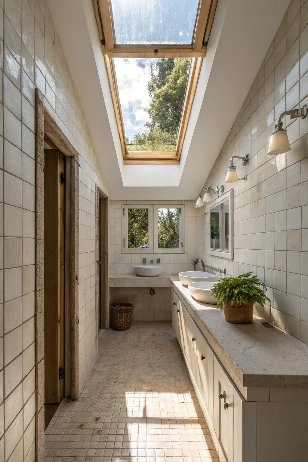 Skylights bring light and class to small bathroom designs.