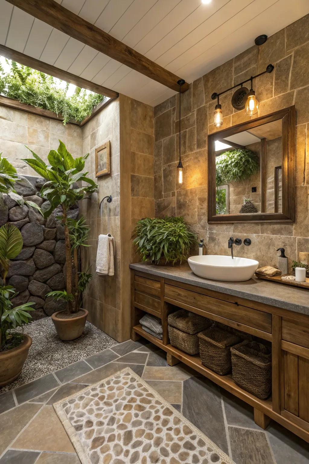 A nature-inspired bathroom retreat offers relaxation and serenity.