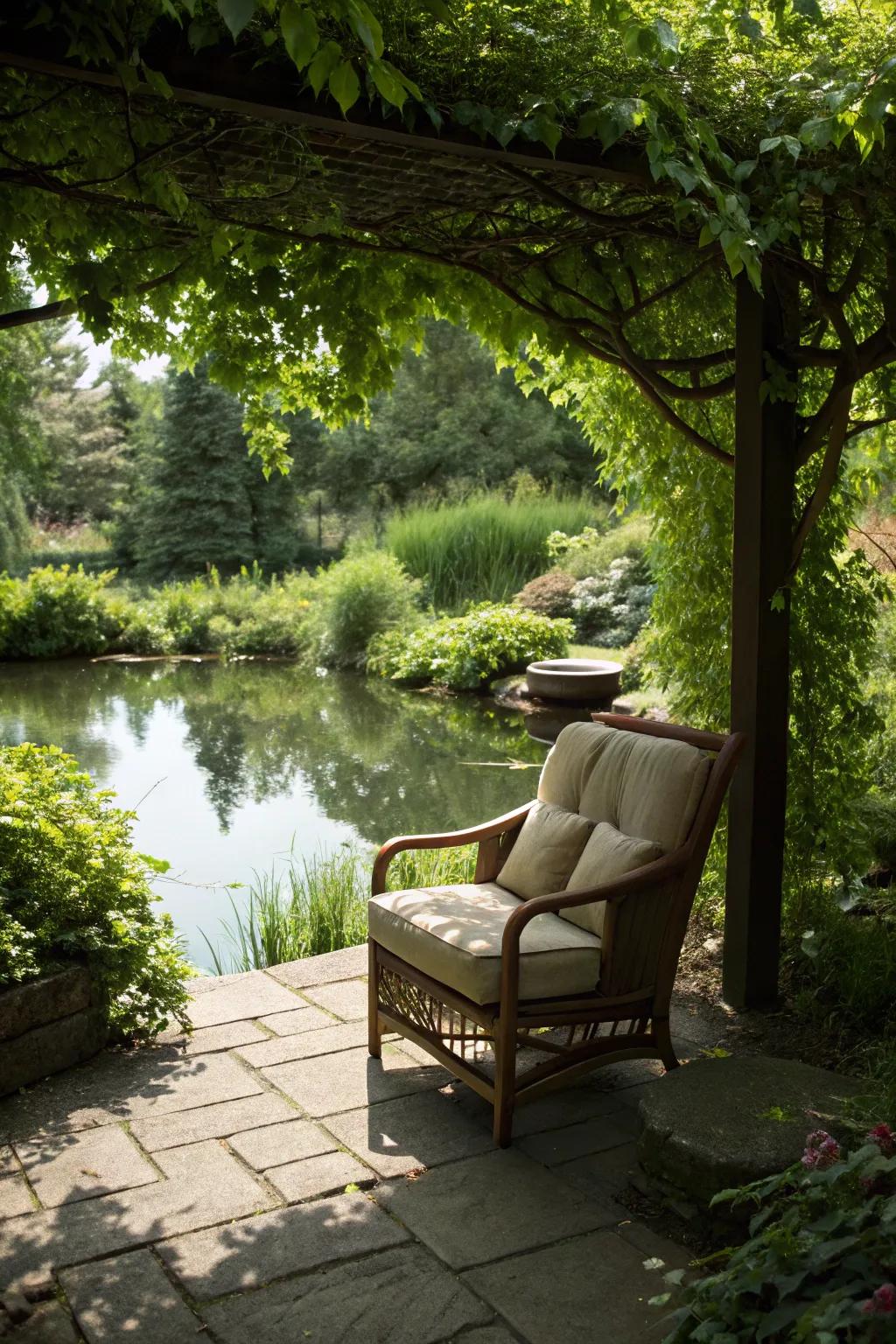 A secluded recess offering a private retreat by an organic pond.
