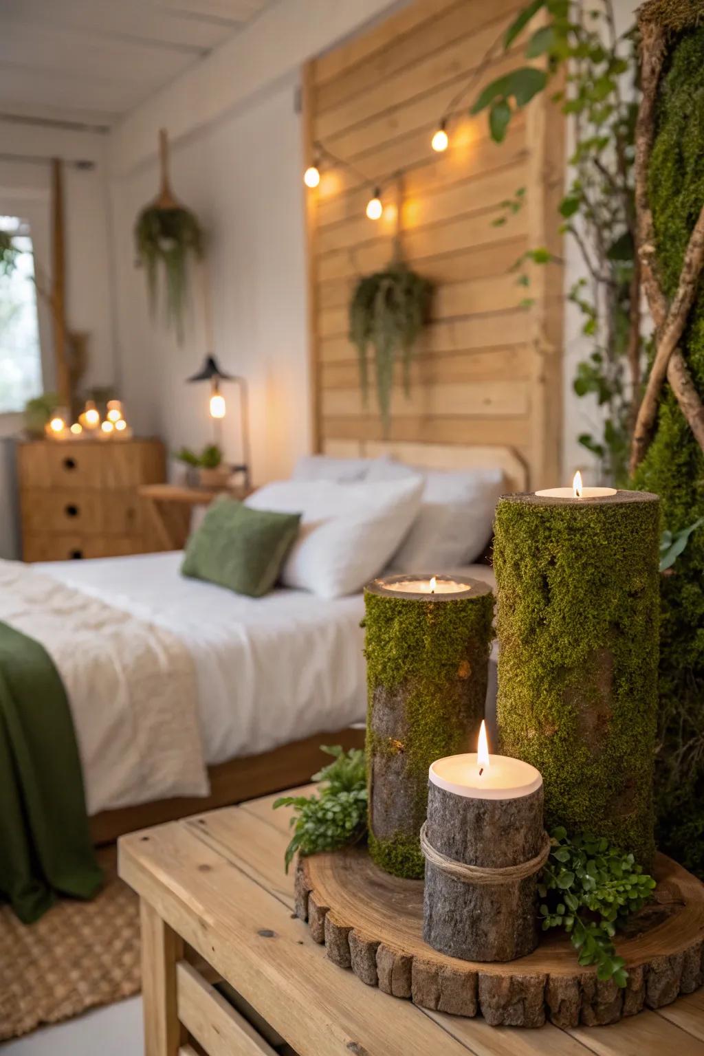 Moss accents bring a touch of forest magic to the bedroom.