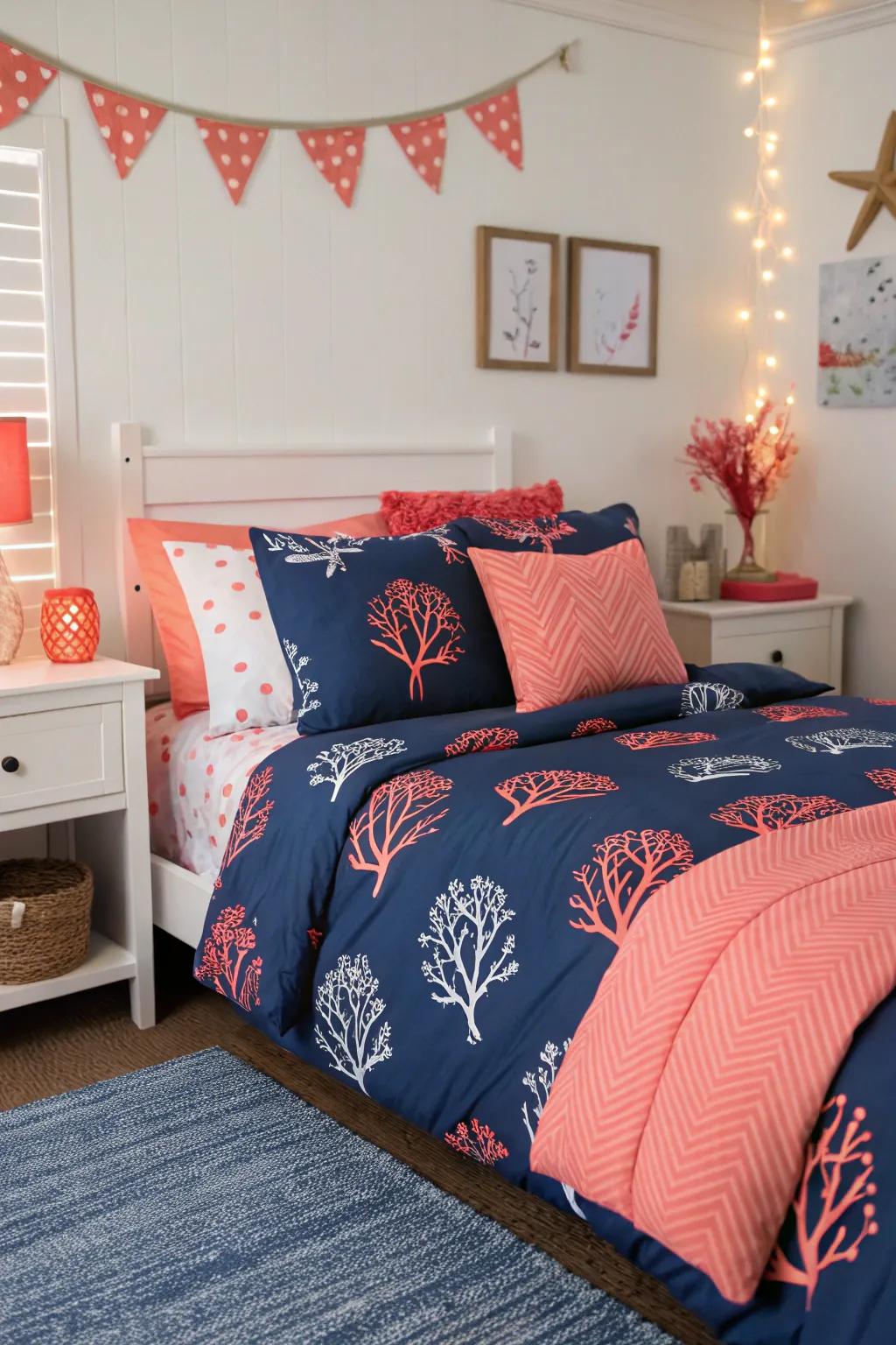 Incorporate a burst of color with coral details and sea blue bedding.