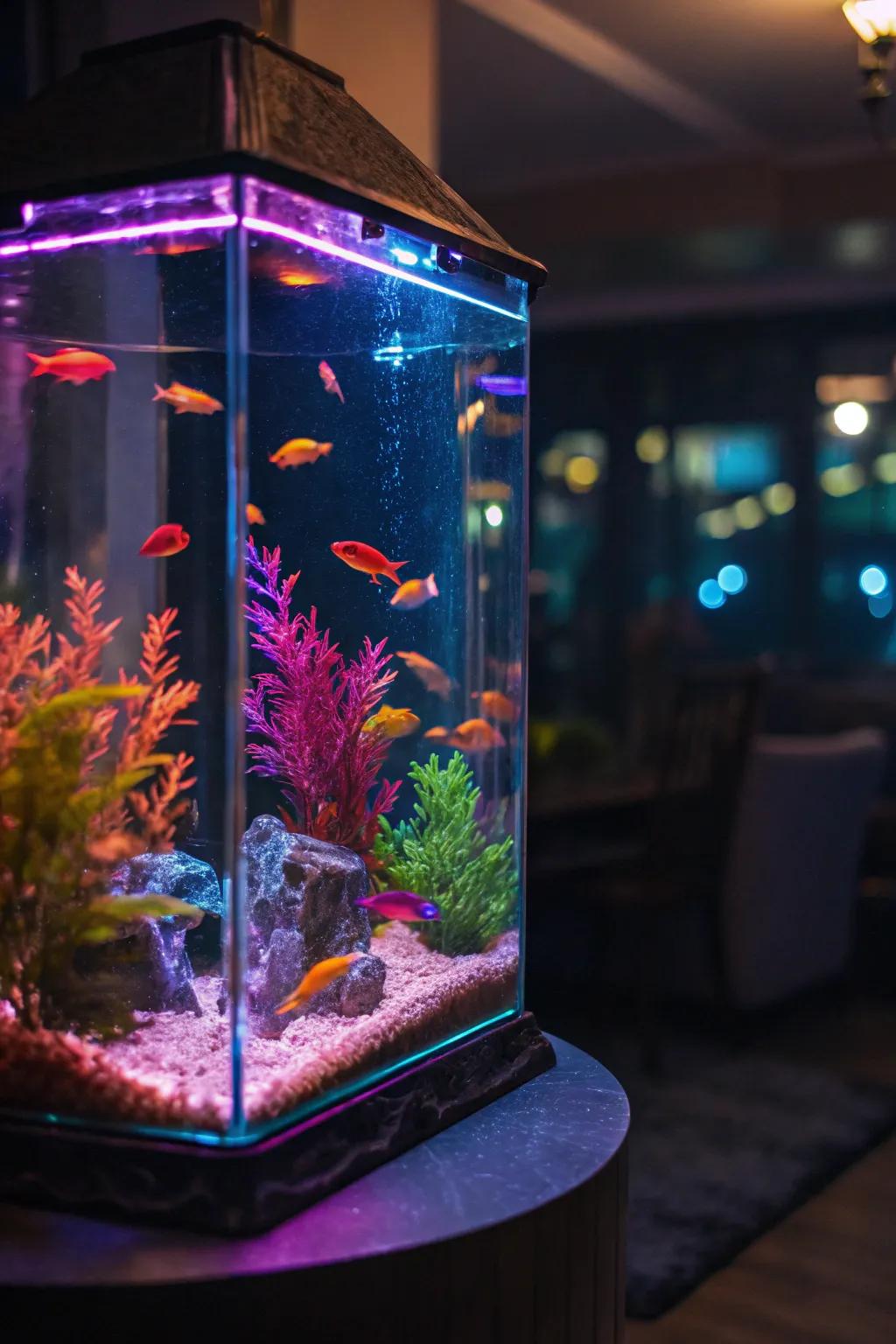 Reflective surfaces amplify the vibrant radiant glow in this aquarium.