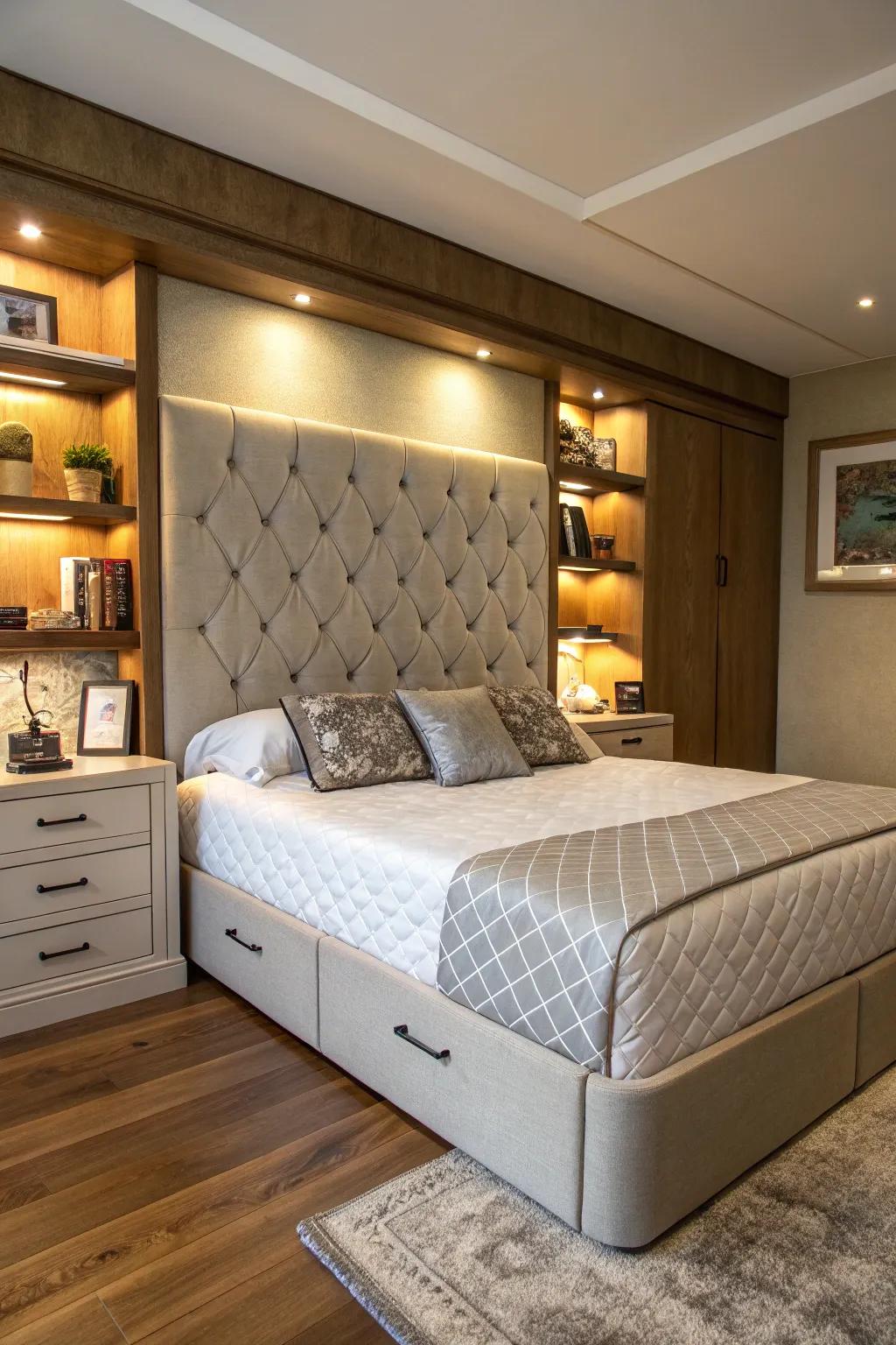 A headboard with storage keeps your bedroom organized and stylish.