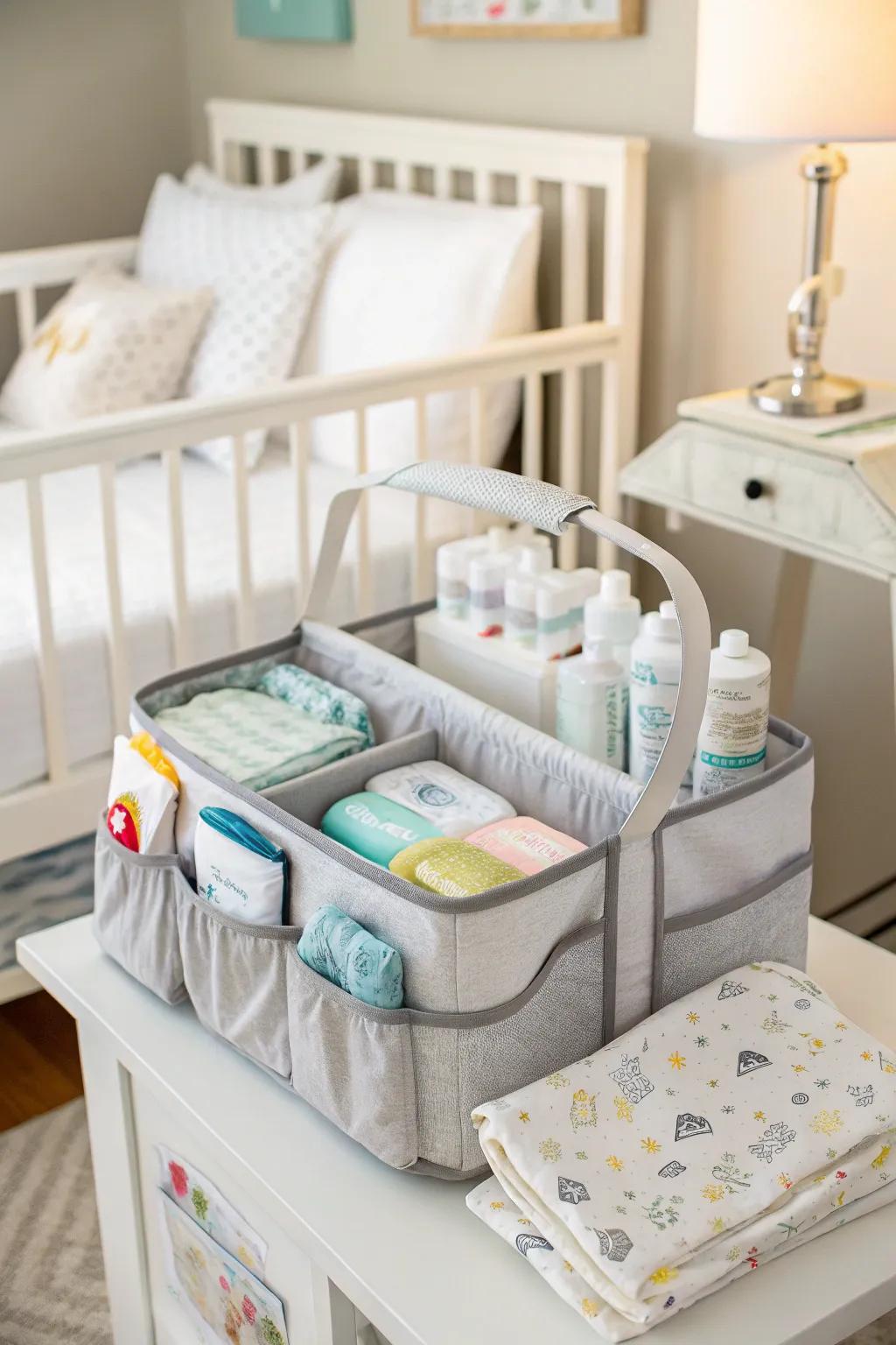 Mobile diaper organizer for convenient diaper changes anywhere in the home.