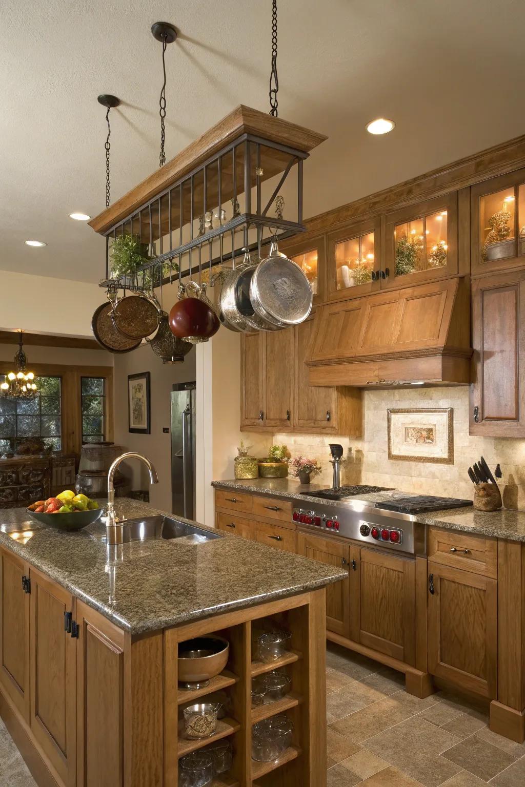 A cookware rack merges practicality with style in oak kitchens.