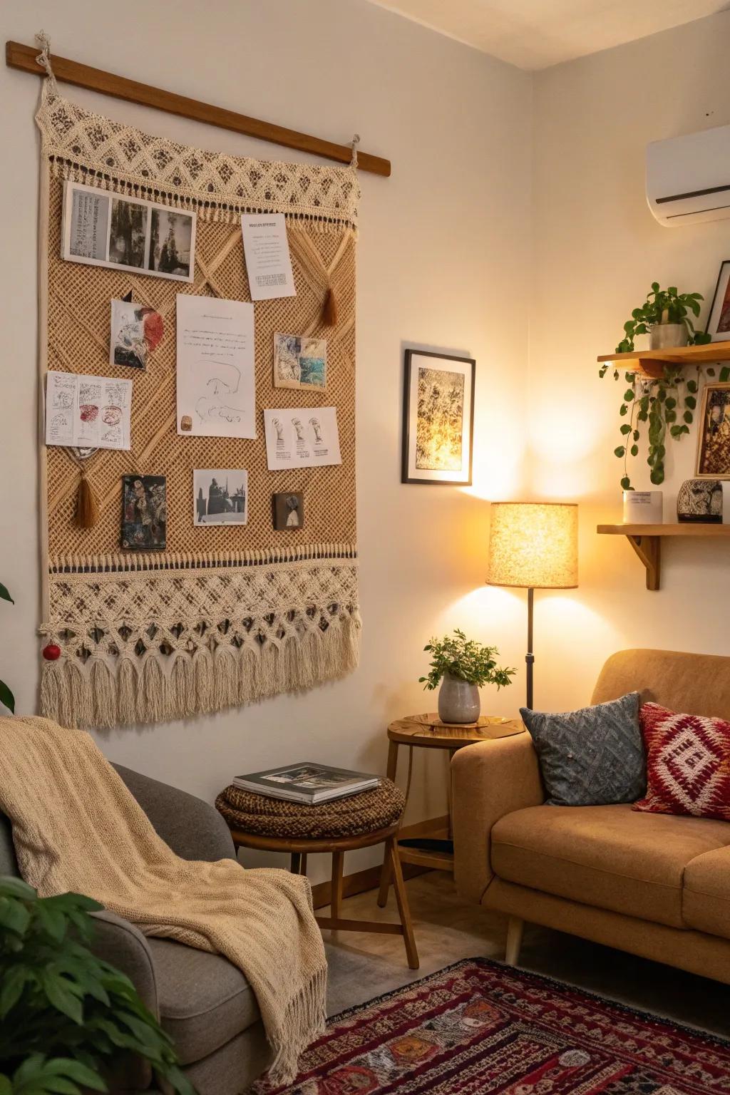 A snug living space bulletin board featuring a tactile hanging.