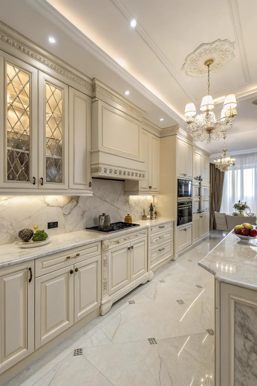 Upscale finishes elevate the charm of cream-colored kitchens.