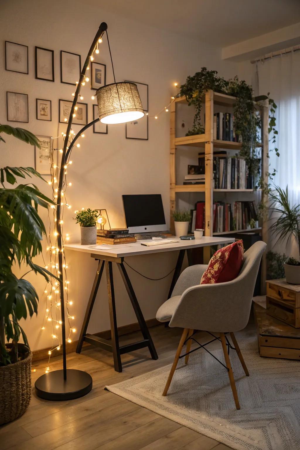 Creative lighting enhances ambiance and mood in the workspace.