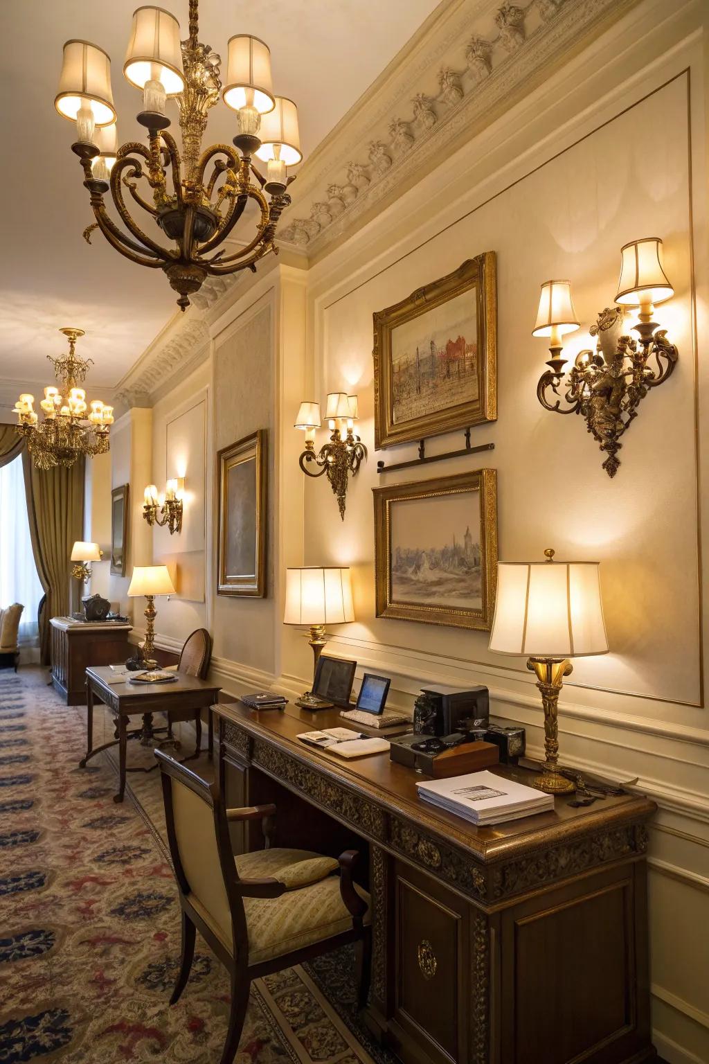 Traditional wall lights introducing classic elegance to the office.