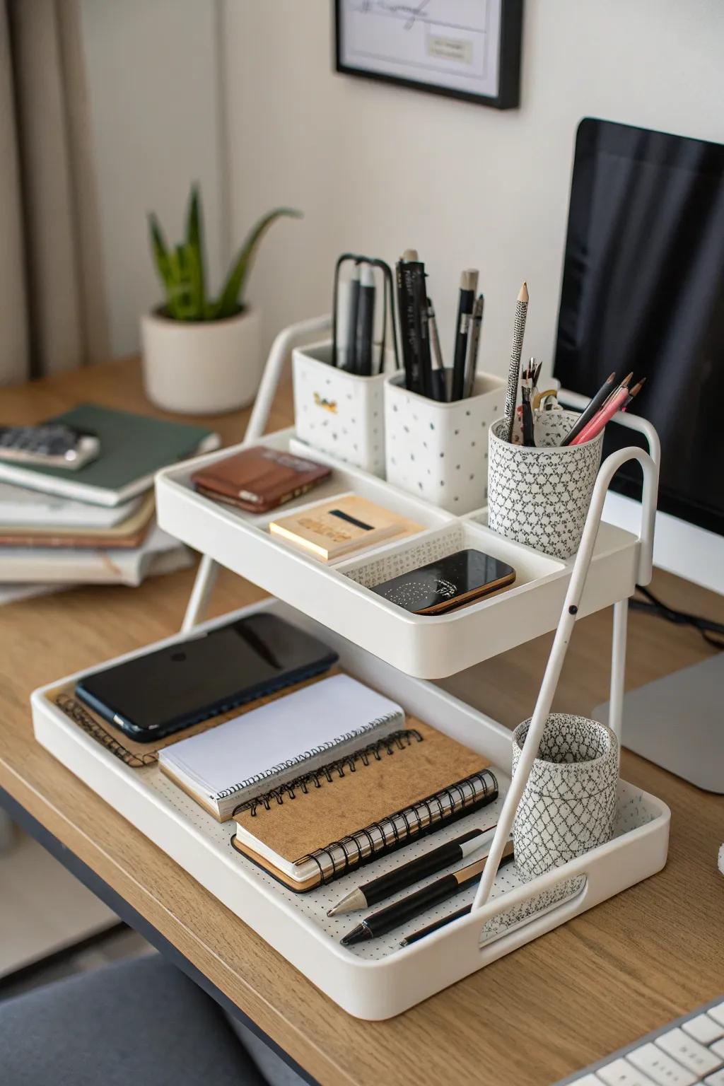 Tiered organizers offer accessible and efficient desk storage.