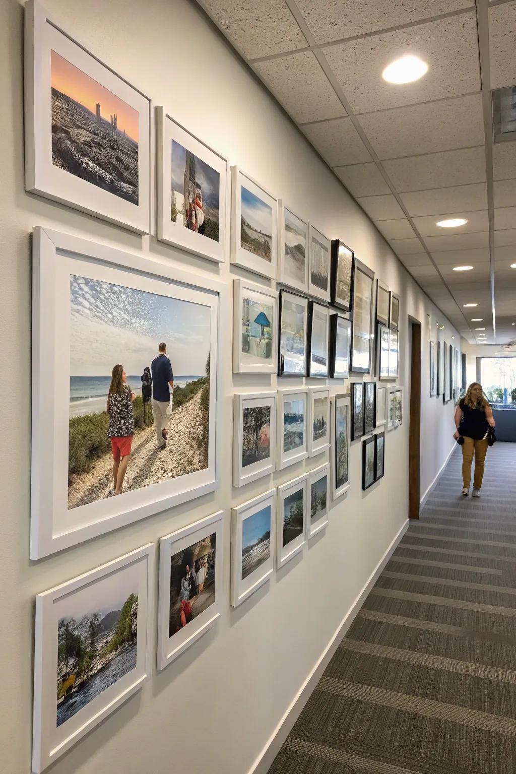 A photo collage wall that adds warmth and a personal touch to the office environment.
