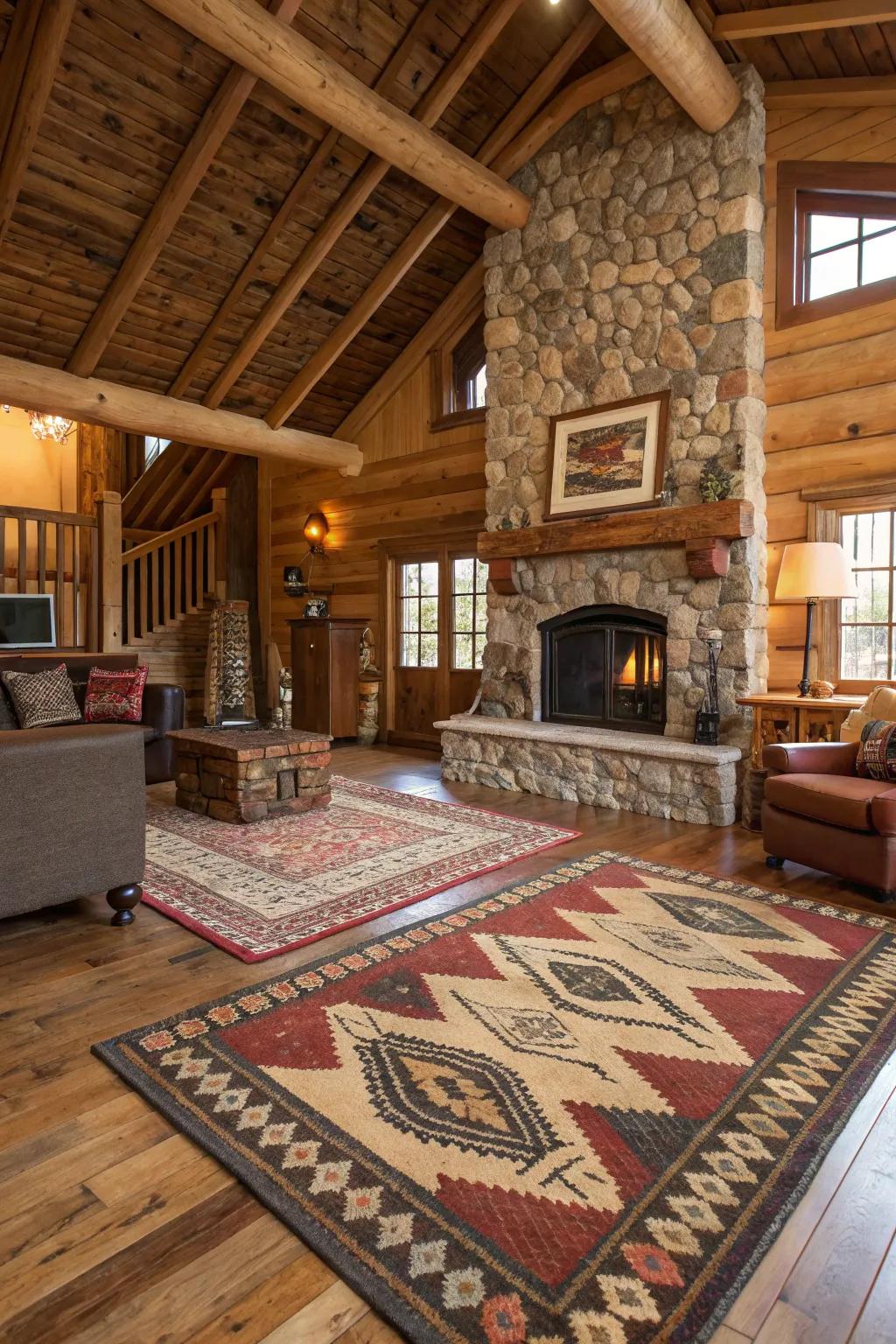 Rustic cabin living room featuring layered rugs in a variety of textures and patterns.