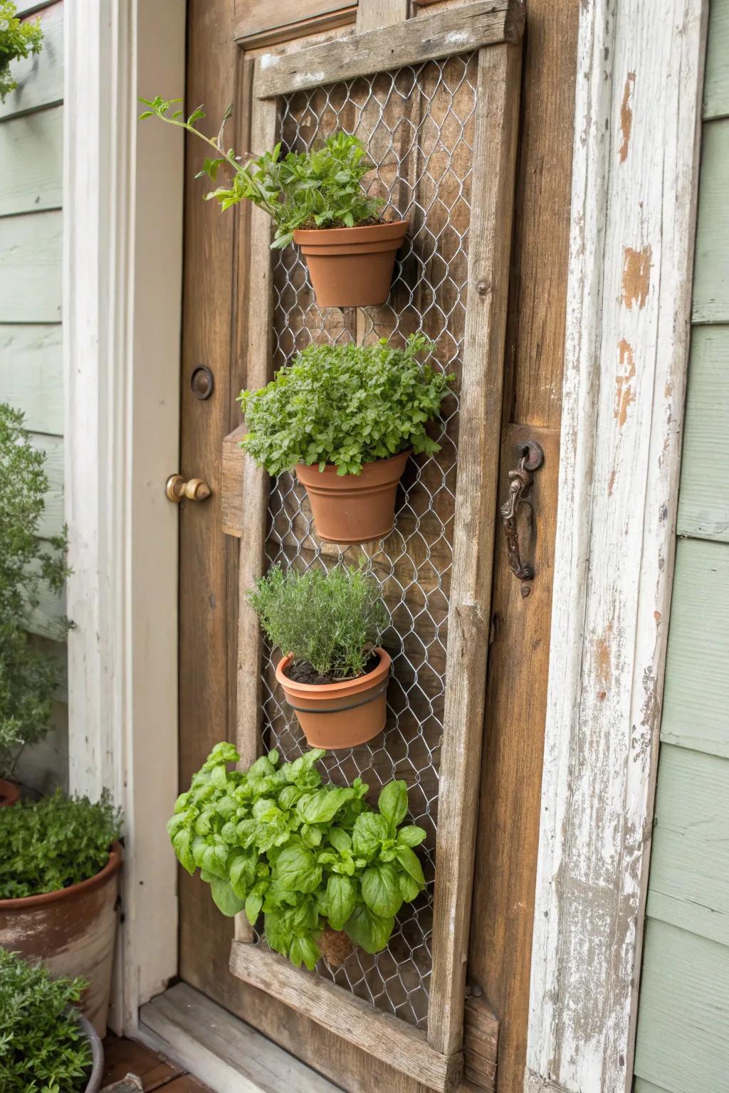 Transform a vintage screen door into your personal kitchen herb oasis.