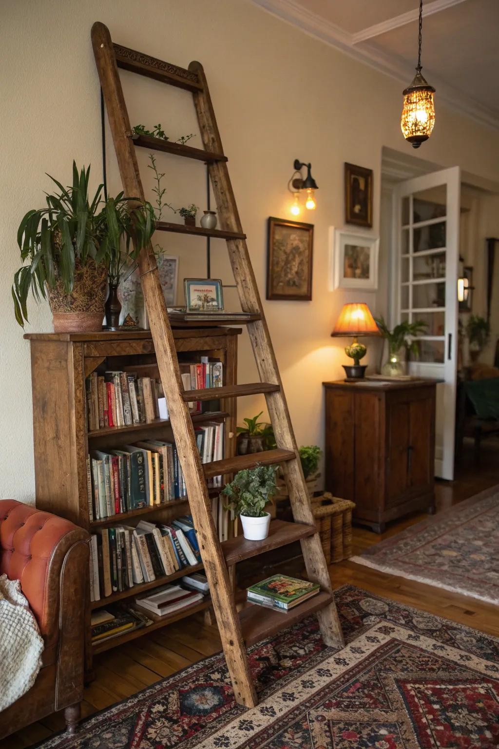 Classic ladders repurposed as unique shelving.