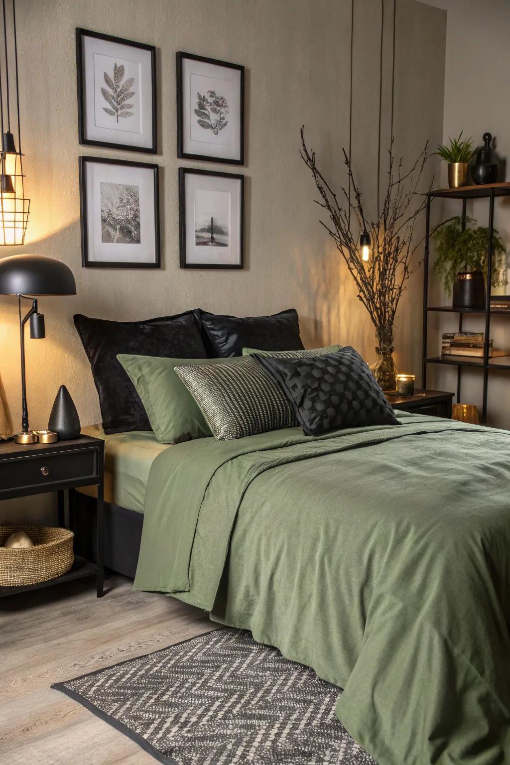 Black accents offer a bold contrast to olive green bedding.