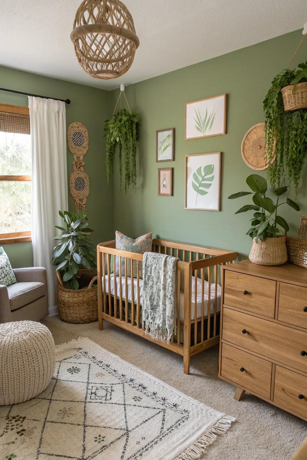 A nurturing infant's quarter showcasing soothing verdant olive partitions.