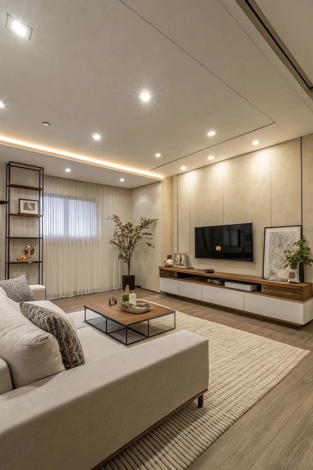 A minimalist living space with inset lighting enhancing the clean aesthetic.