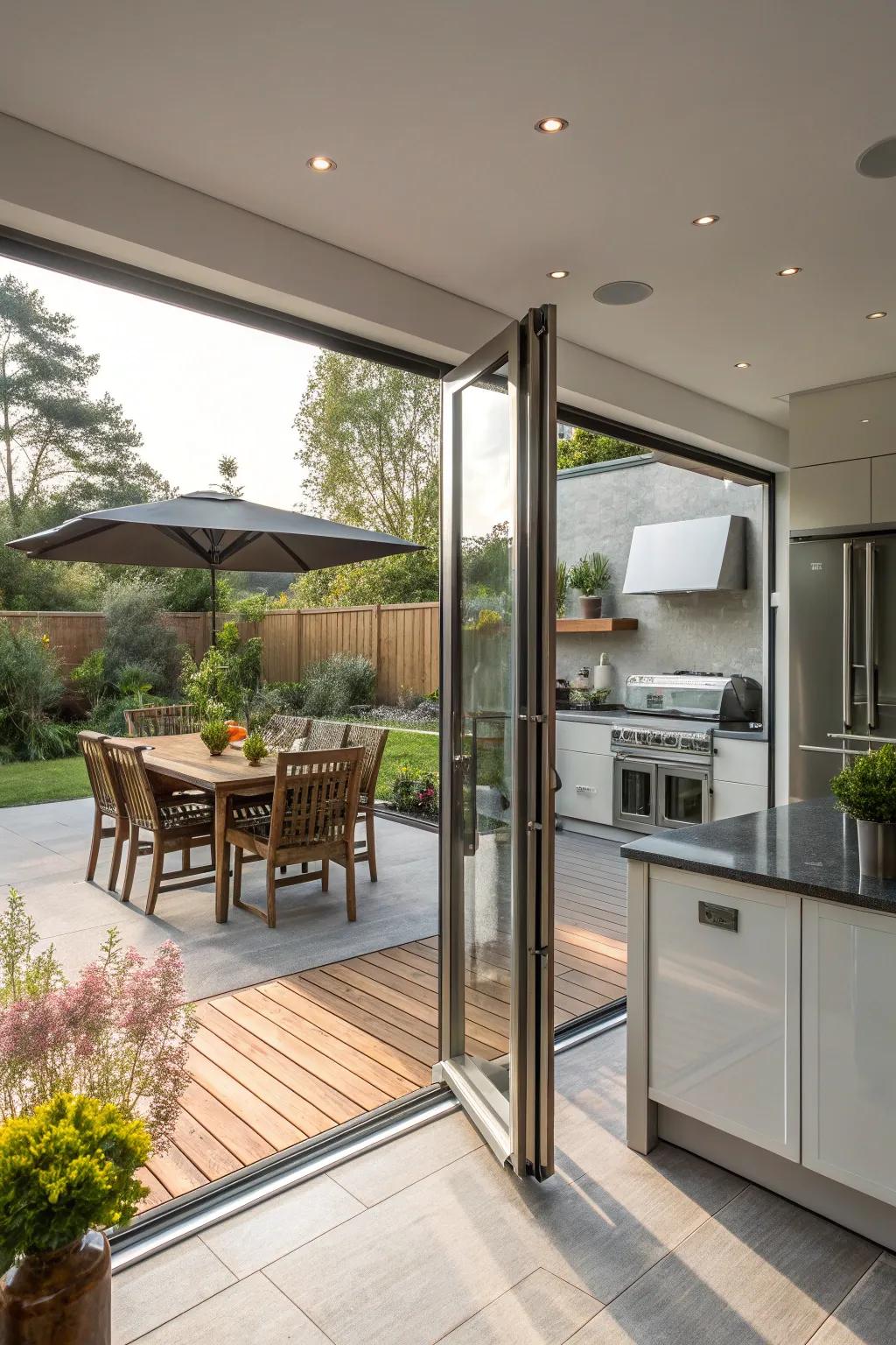 Glass doors establish an easy flow between indoor and outdoor spaces.