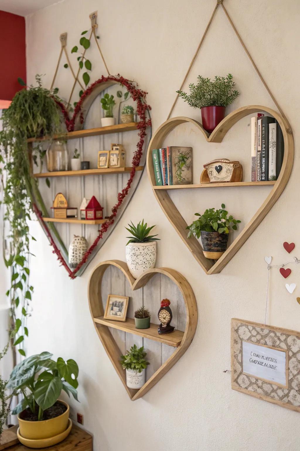 Heart-formed wall shelves provide a whimsical display option.