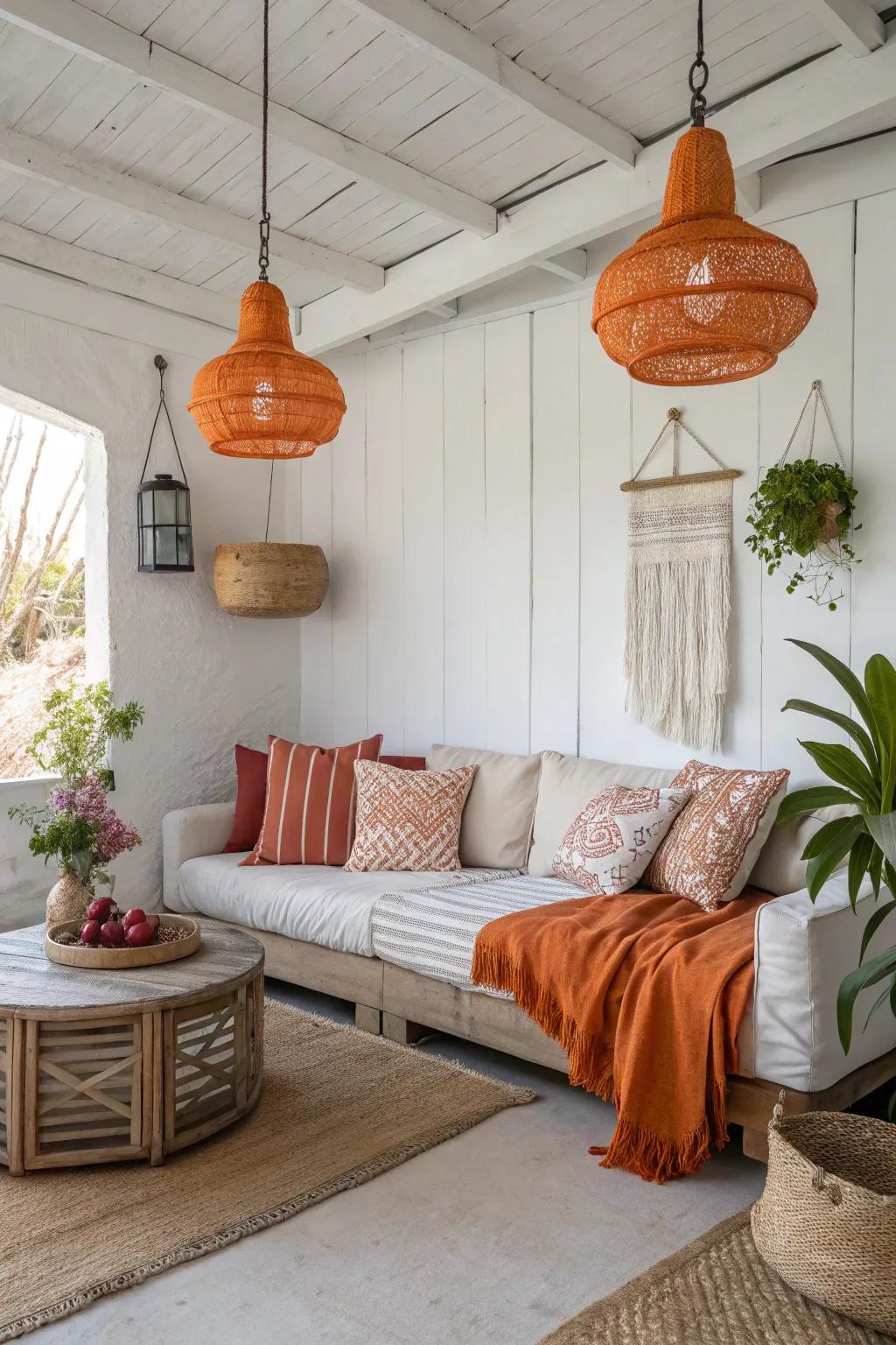 Tangerine illumination adds warmth and ambiance to a modern living space.