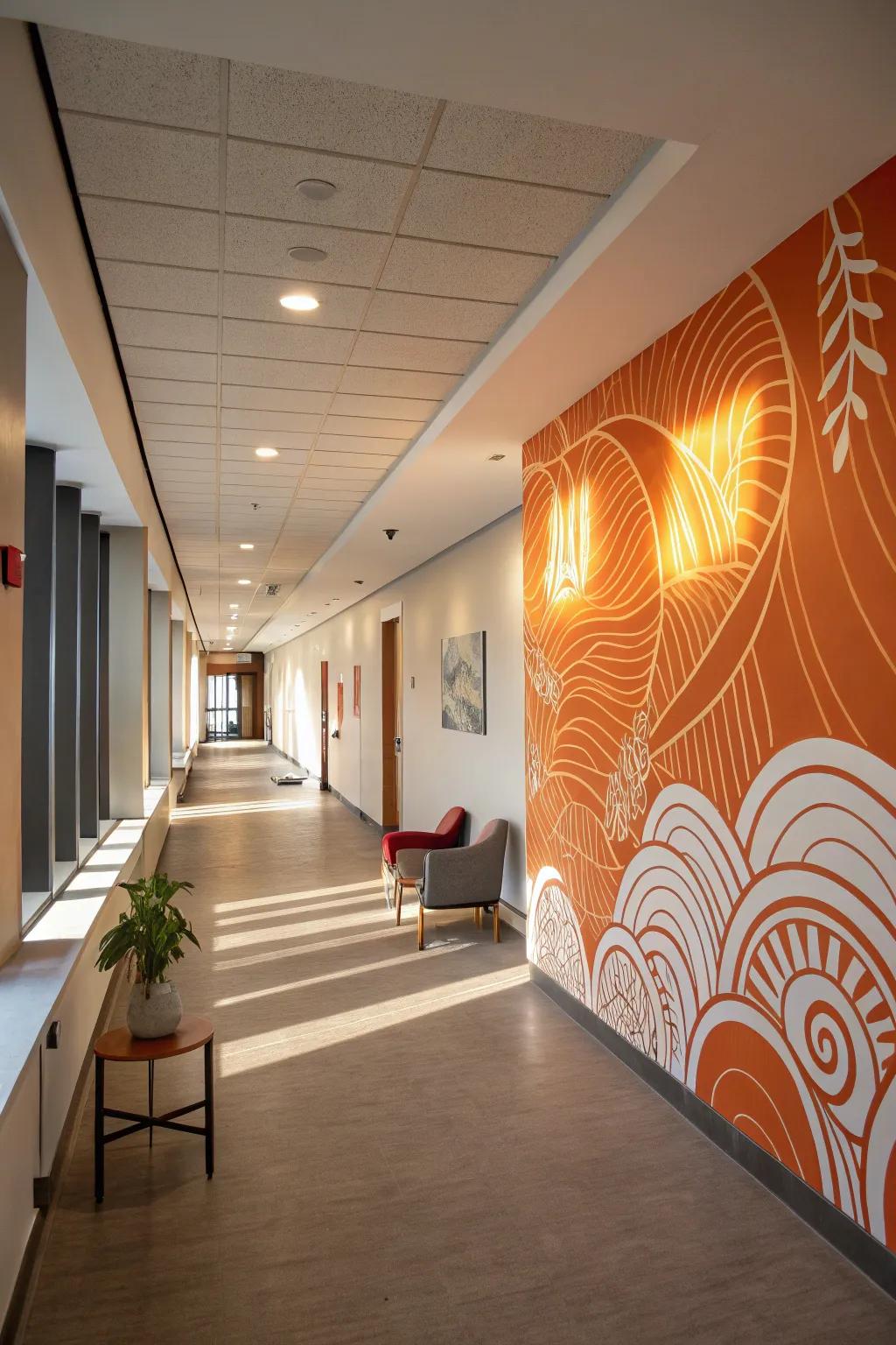 An entryway transformed into an art gallery with a graphic tangerine mural.