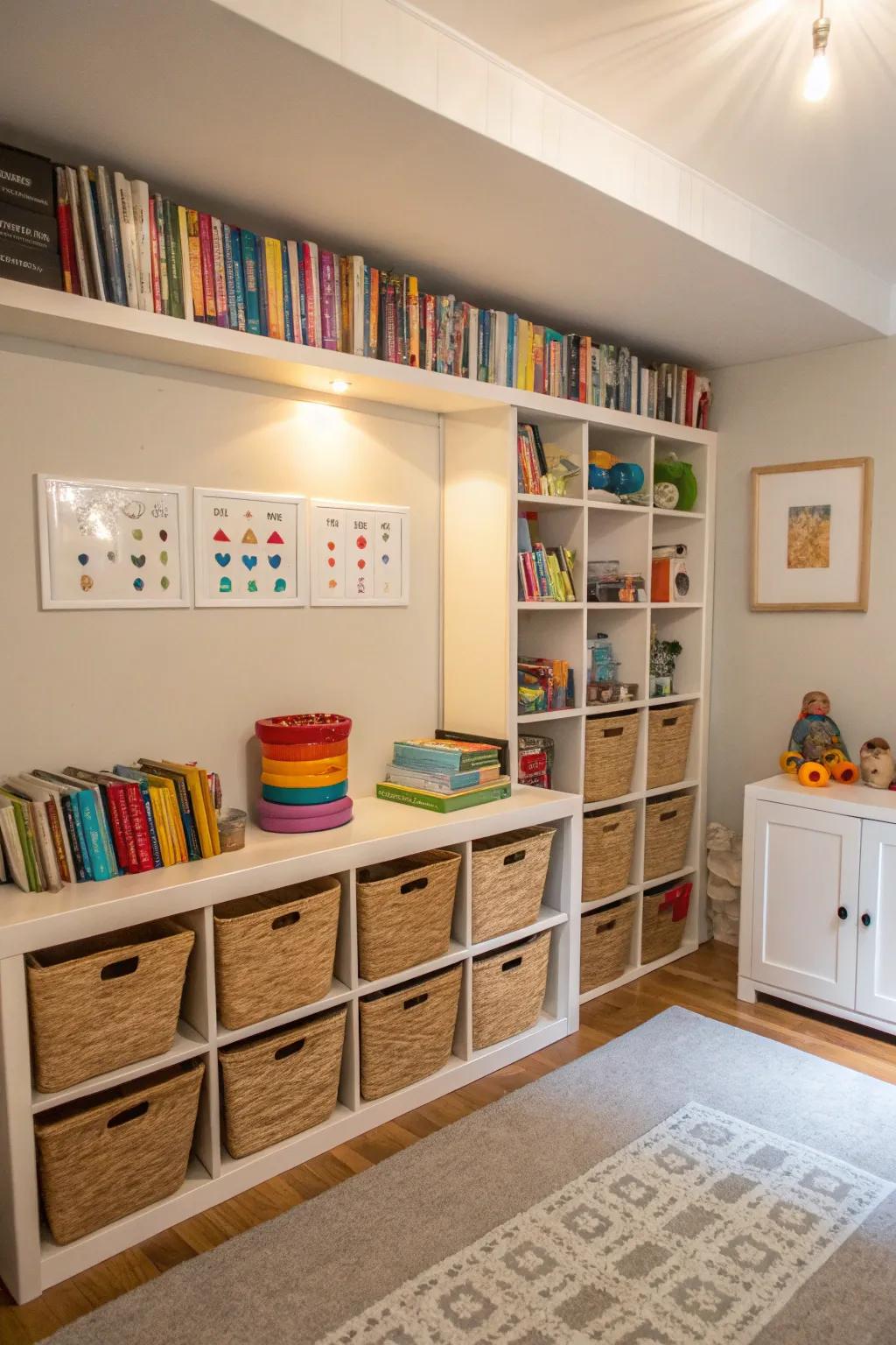 Upright shelves make the most of small spaces.