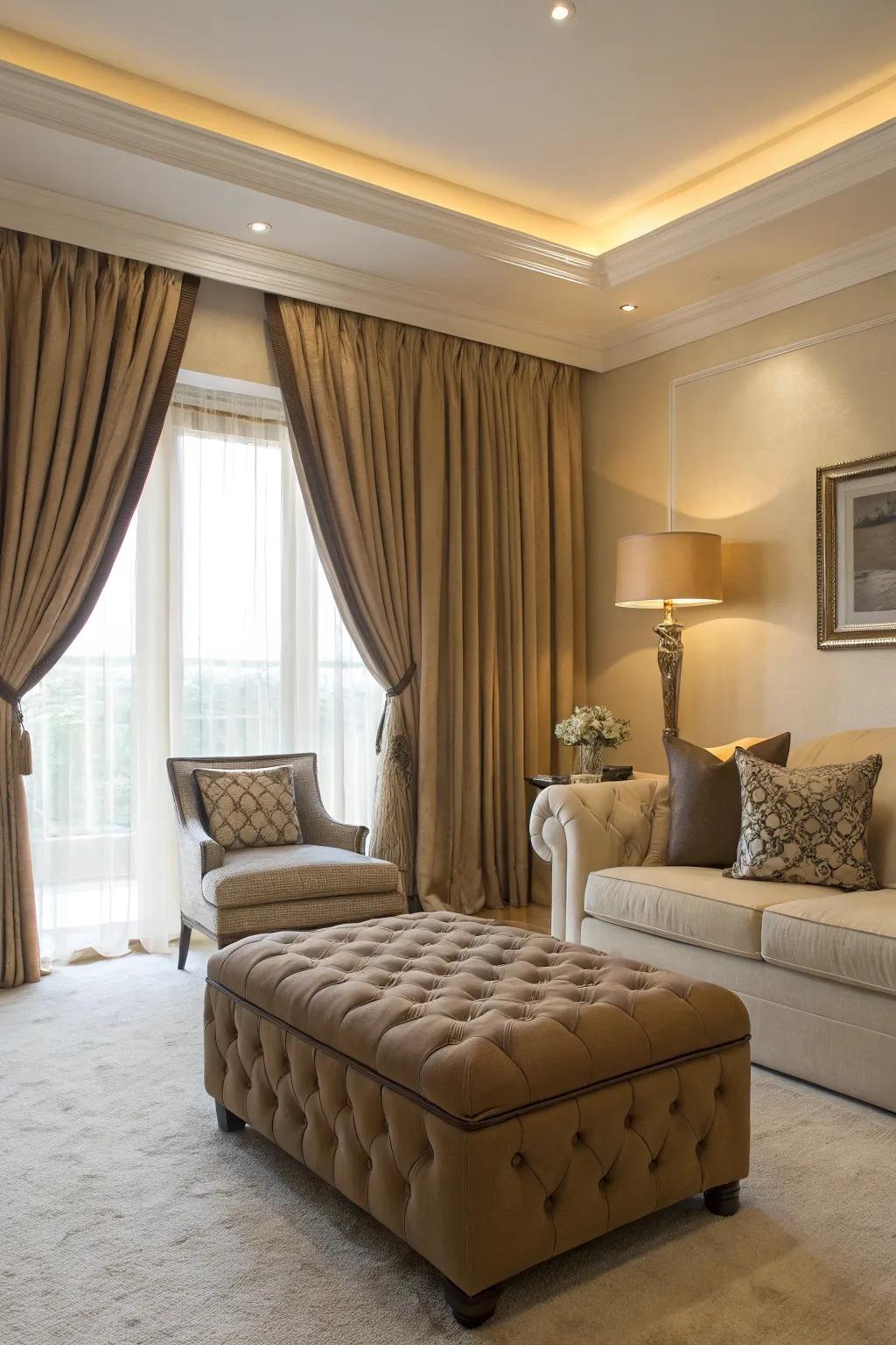 A seamless look with a matching ottoman and curtains.