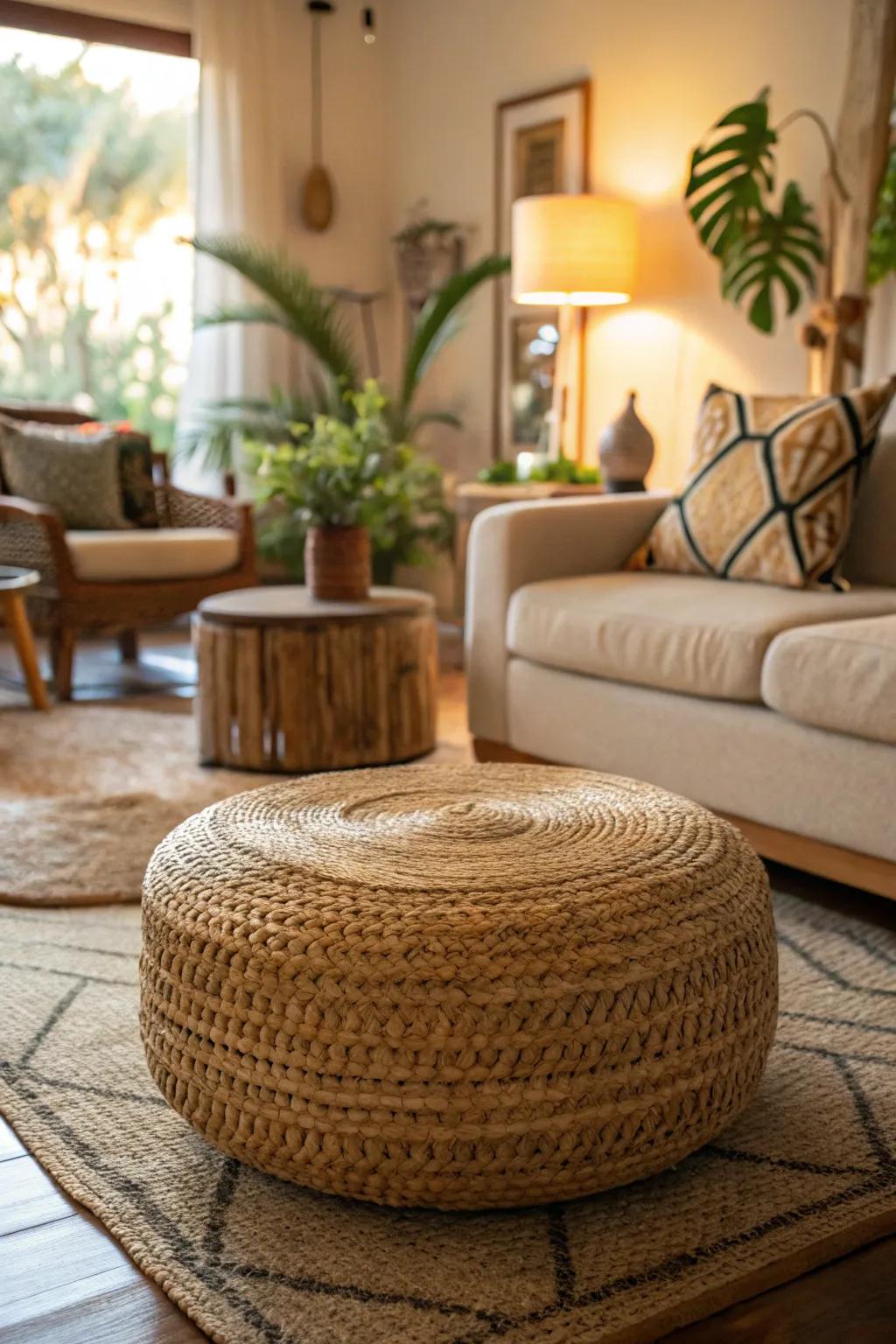 An eco-conscious footrest that enhances the room's natural allure.