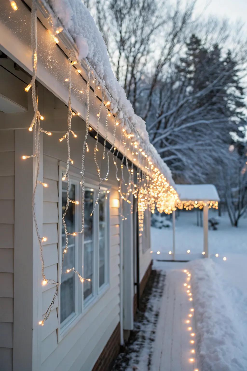 Ice lights along the roof's edge evoke a traditional winter mood.
