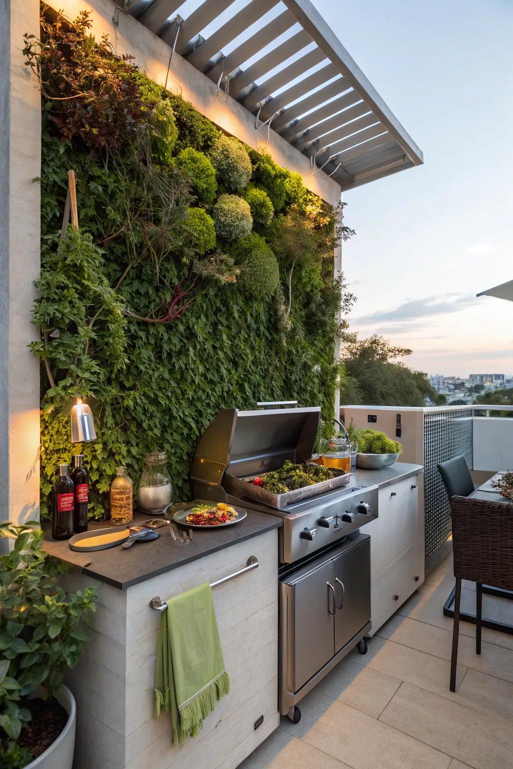 A vertical garden adds a vibrant backdrop to the grill area.