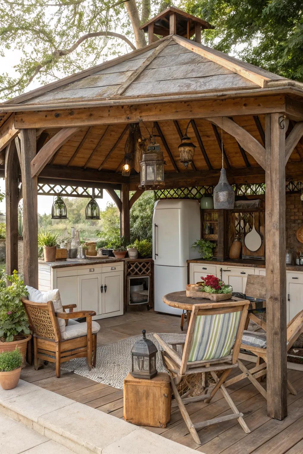 Take nostalgic charm using a vintage-inspired outdoor kitchen gazebo.