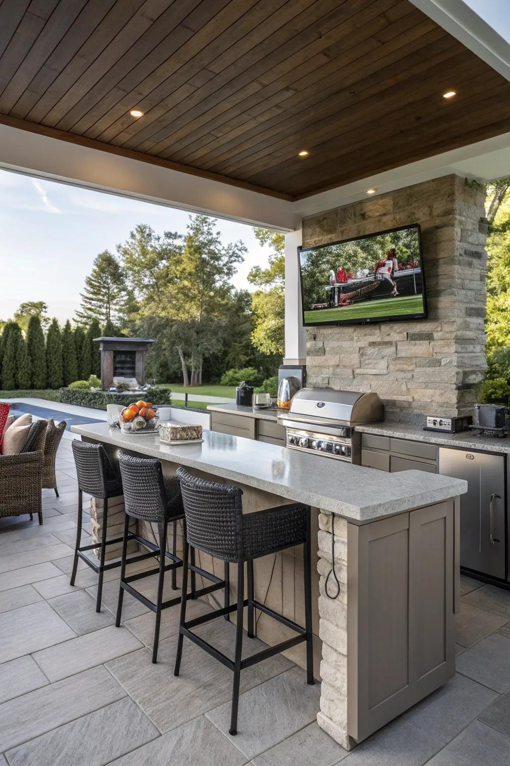 An outdoor kitchen bar featuring a TV for added entertainment.