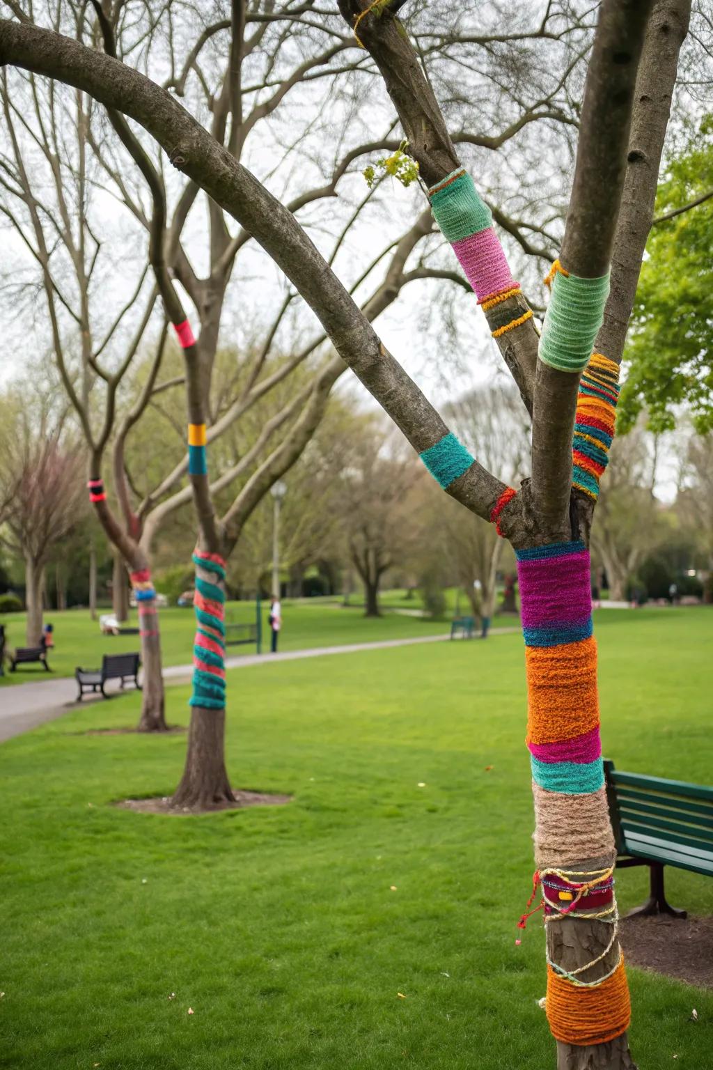 Thread-adorned twigs provide creative flair and vibrant colors to park decor.