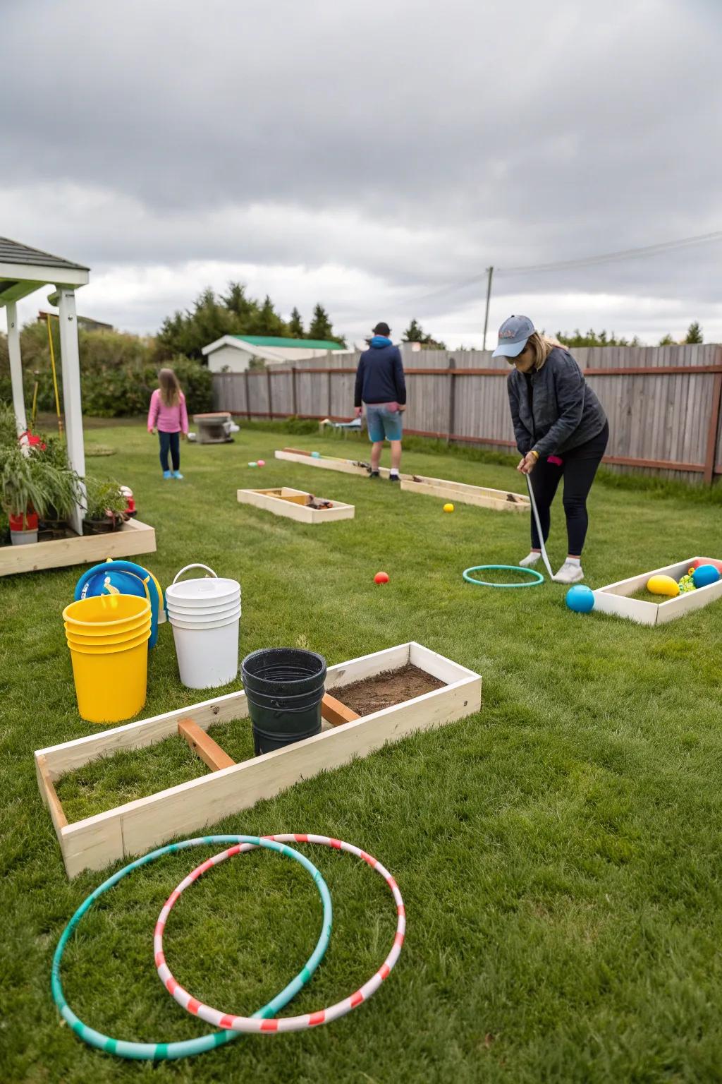 A garden miniature golf course poised for playful rivalry.