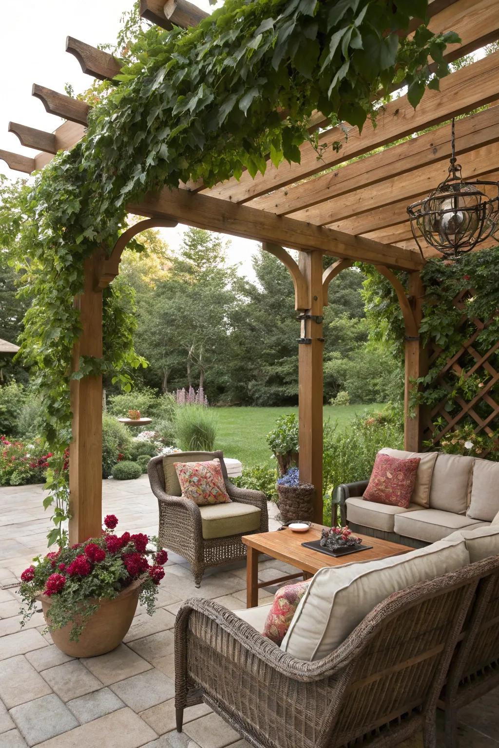 Structures offer shade and a structured aesthetic for outdoor spaces.