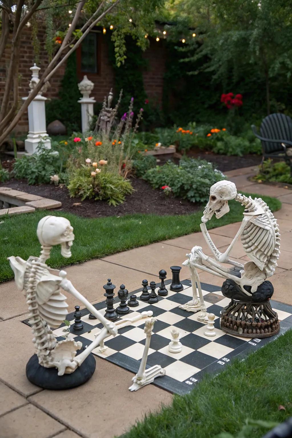 <strong><em>Skeletons</em></strong> deep in thought over a game of chess.&rdquo; loading=&rdquo;lazy&rdquo; class=&rdquo;pimg&rdquo;>
	</picture><figcaption><strong><em>Skeletons</em></strong> deep in thought over a game of chess.</figcaption></figure>
<p>Orchestrate a strategic scene with <strong><em>skeletons</em></strong> engrossed in a game of chess. Utilize an <strong><em>oversized board</em></strong> and <strong><em>chess pieces</em></strong> for a visually arresting display.</p>
<h3>A few relevant products:</h3>
<ul class=