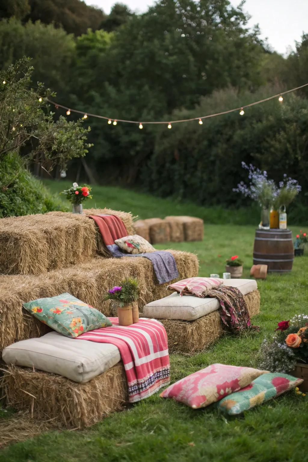 Hay bale seating brings unrefined beauty and comfort to your open-air setting.