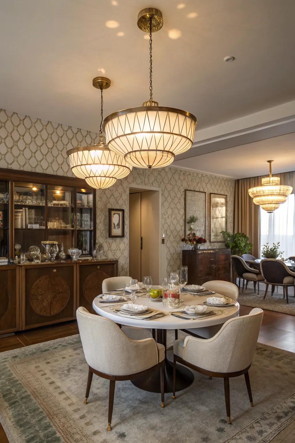 Epoch-centered modern illumination infuses the space with retro charm.