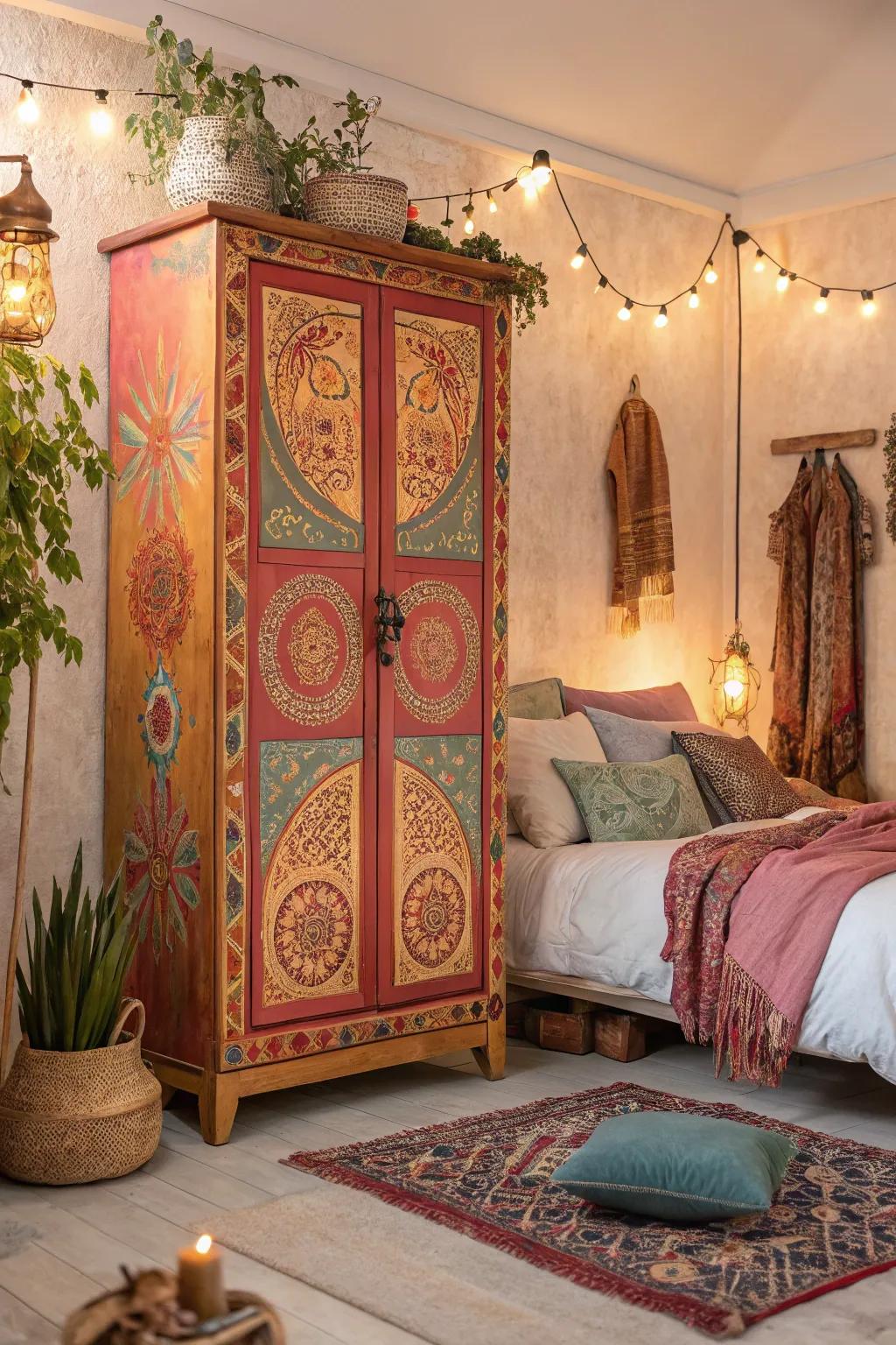 A bohemian armoire can portray a carefree and artistic atmosphere.