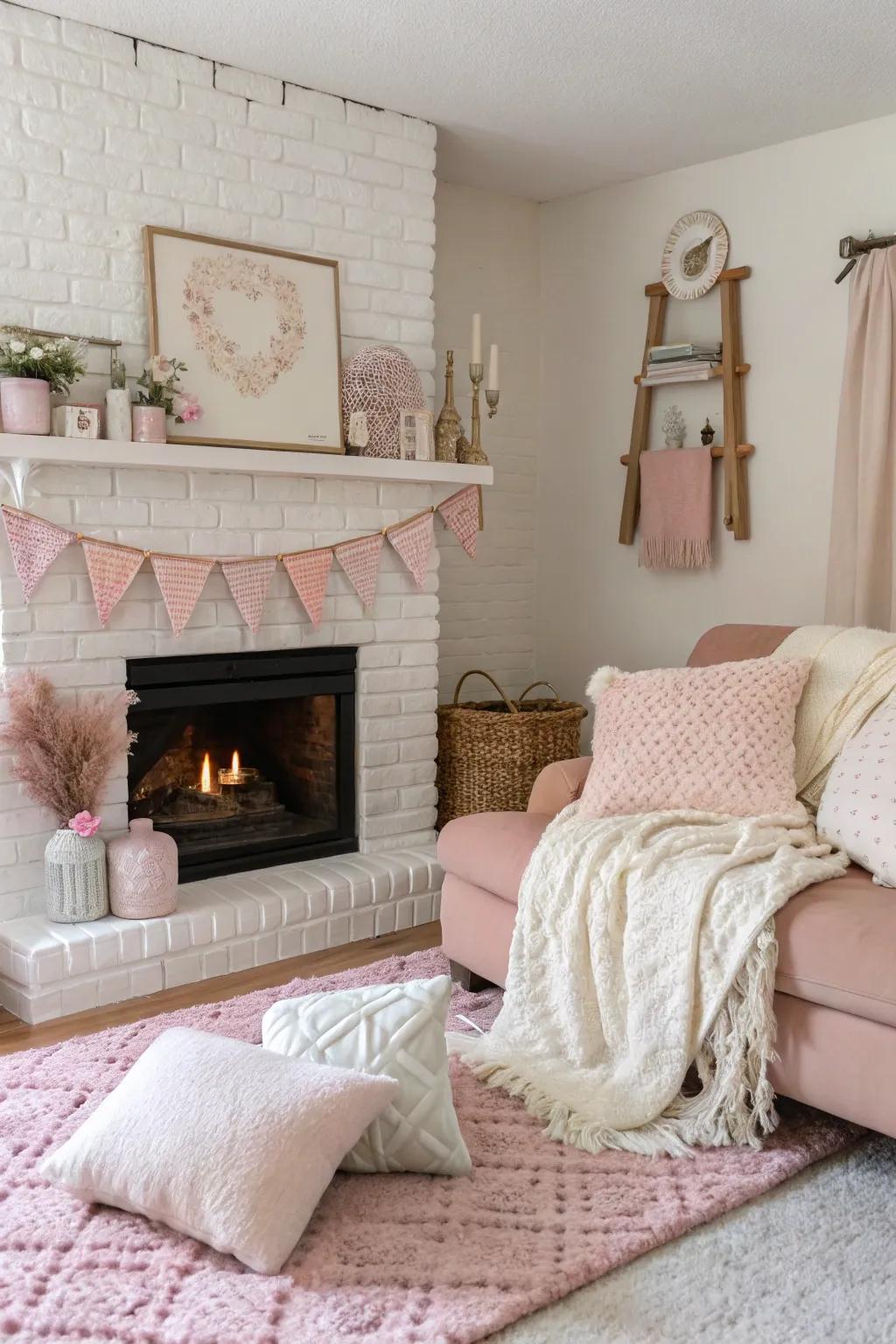 A blush pink-painted fireplace adds a soft surprise.