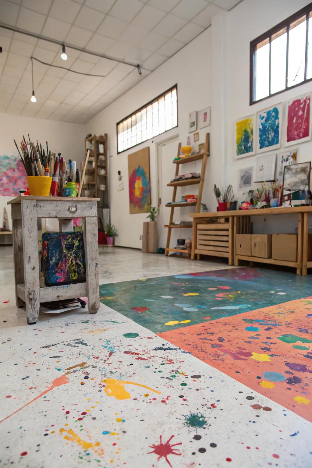 An art studio featuring artistic fleck painted floors, crafting a vibrant and inspiring workspace.