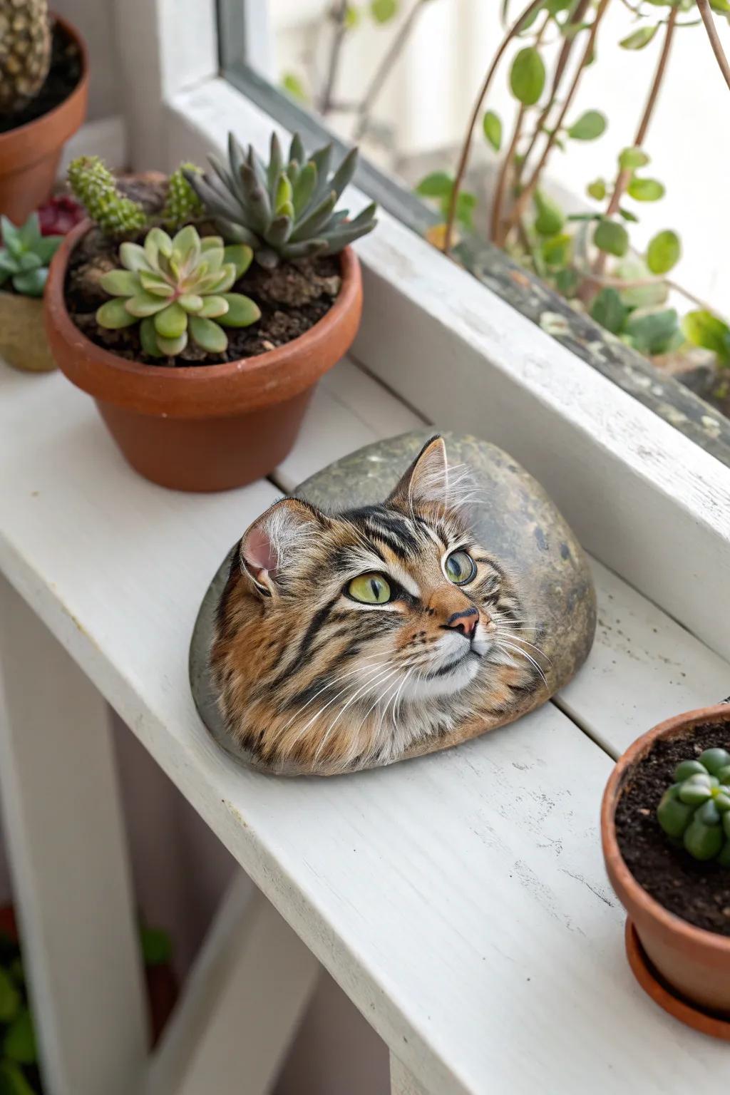 Capture your pet's essence with a charming rock portrait that beautifully blends art and nature.