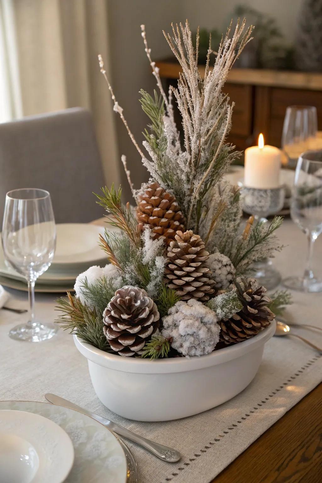 A winter-inspired centerpiece featuring frosted pinecones.