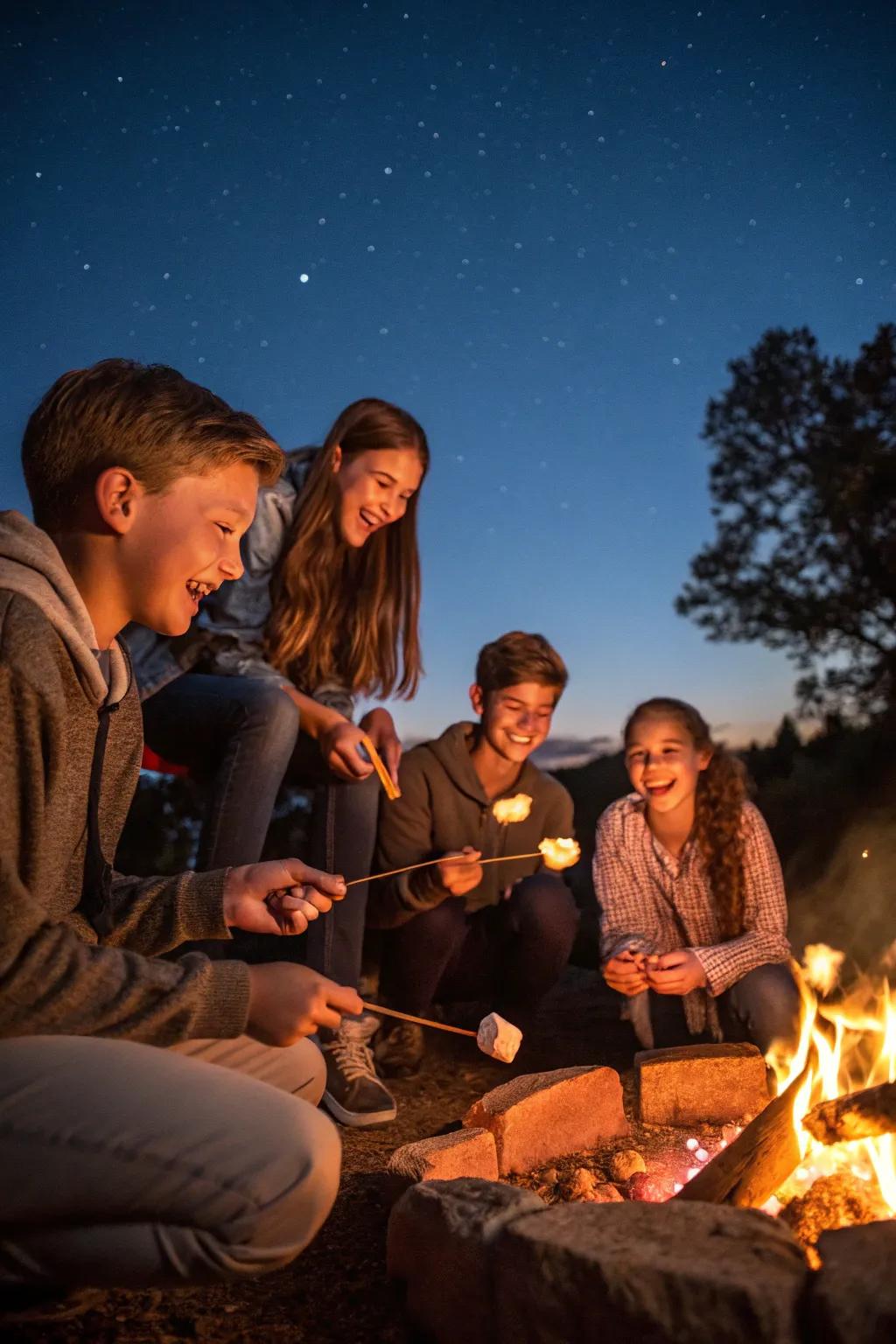 Teens enjoying a cozy outdoor fire night with sweets beneath the celestial lights.