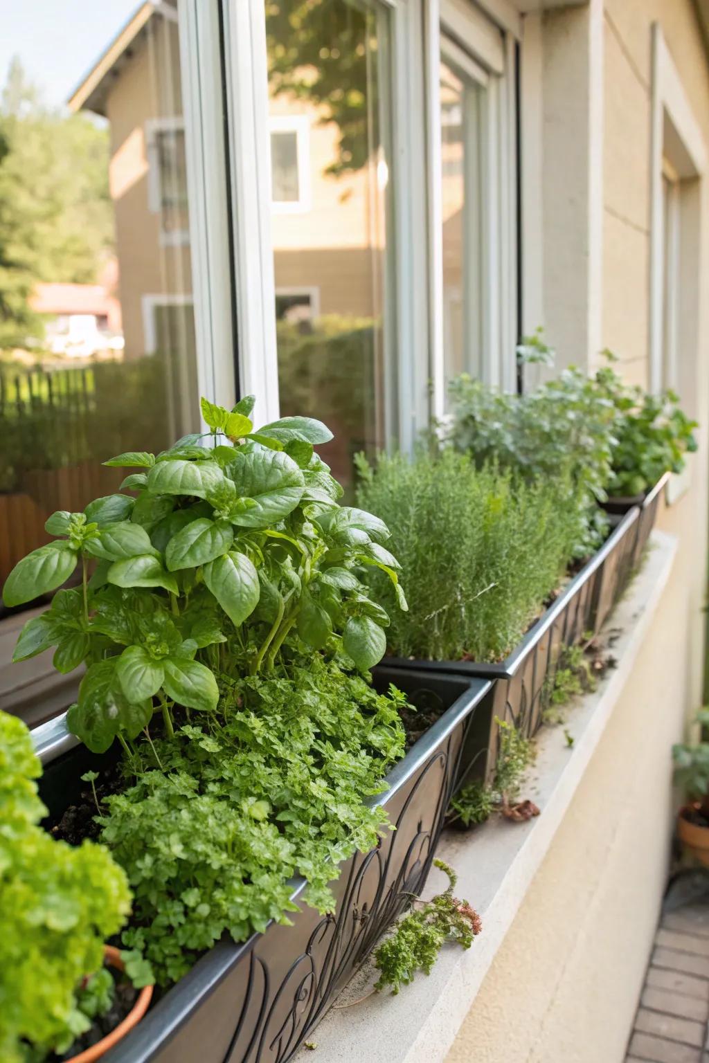 Window box herb display offering simple accessibility.