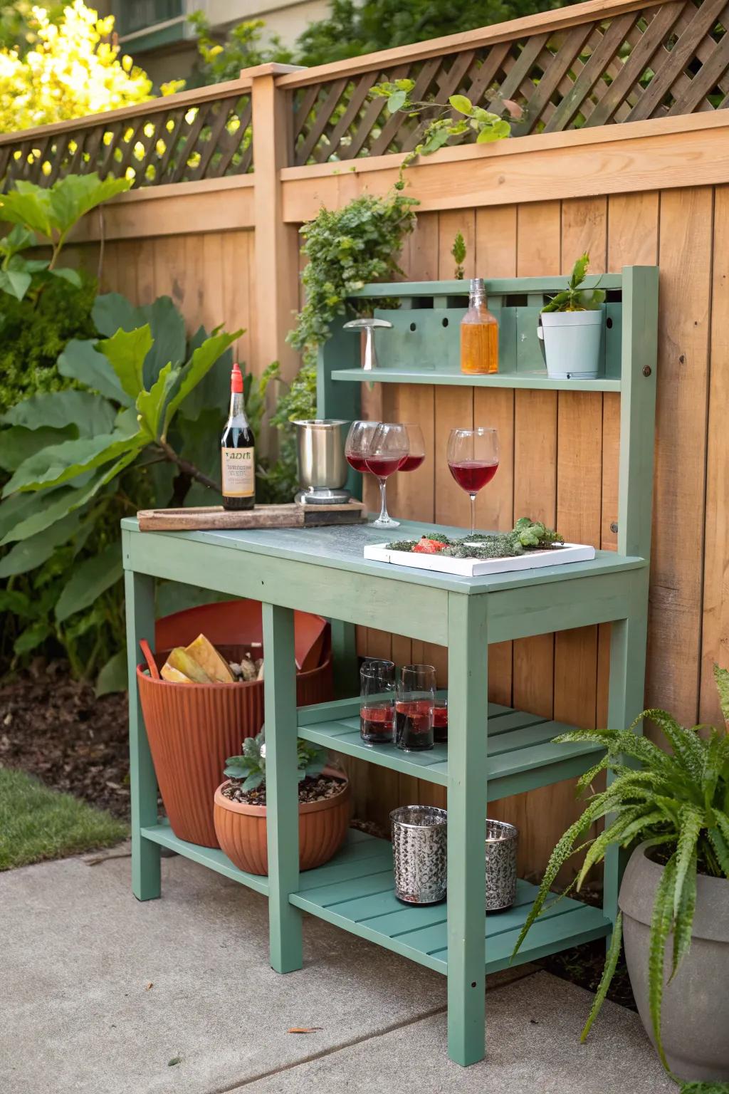 A repurposed potting bench used as a DIY outdoor serving area.