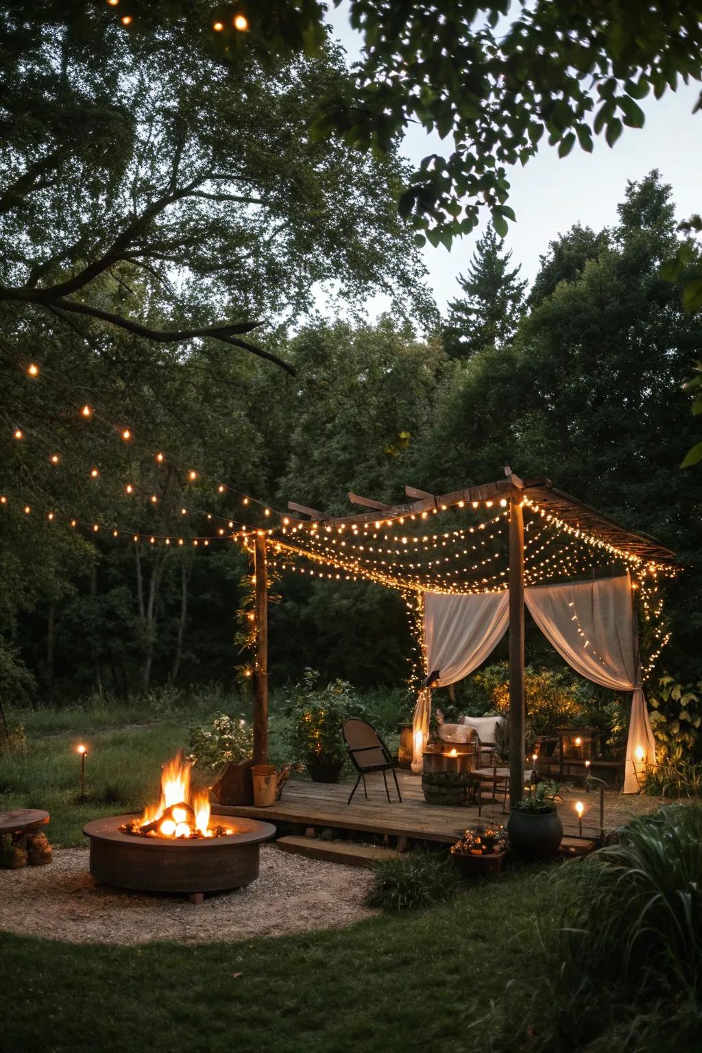 A fairy light canopy adds a magical stroke to your firepit space.