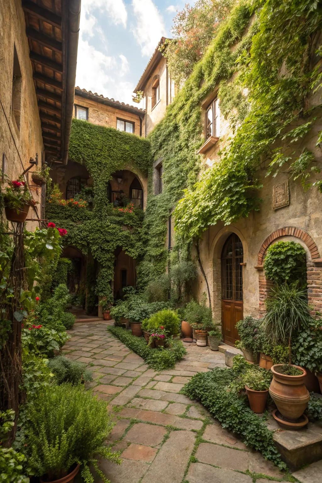 Vertical gardens contribute living artistry and dimension to the courtyard.