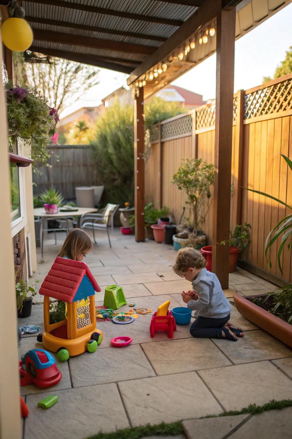 A designated activity zone renders your patio kid-friendly and entertaining.