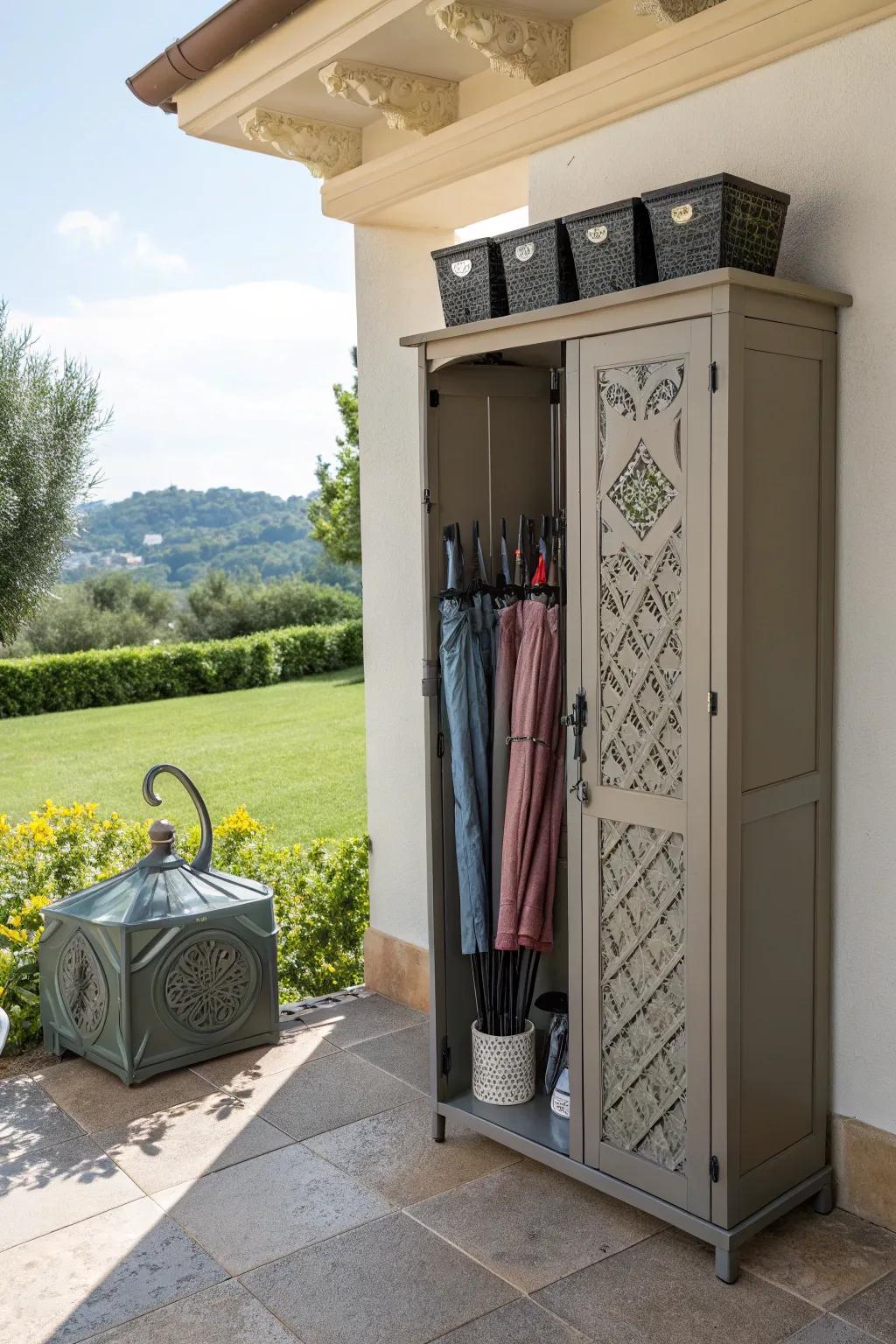 Elegant lofty cabinet intended for systematized umbrella storage.